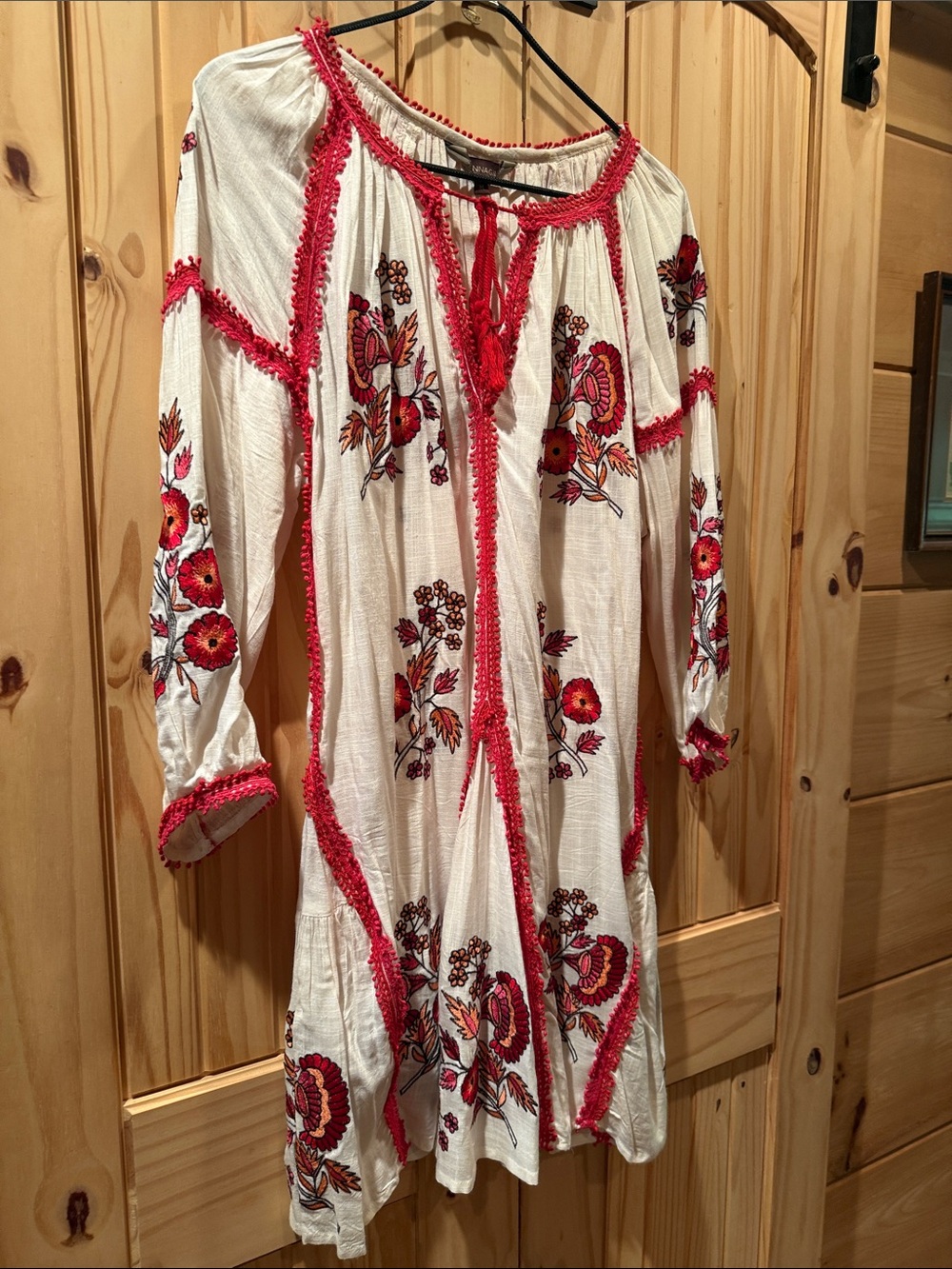 Anthropologie White Long-Sleeve Embroidered Floral Tunic Dress with Pink Trim